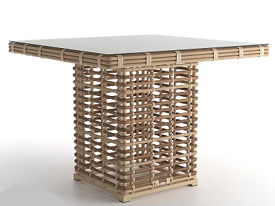 Modern Square Coffee Table With Glass Top And Woven Rattan Base Design 3d model