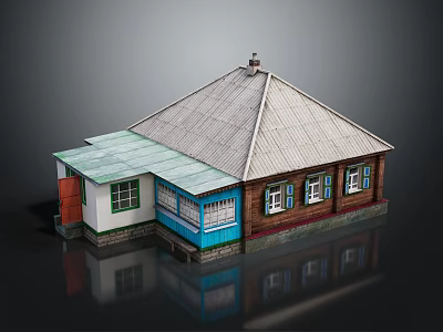 Traditional Residential House With Gray Roof Chimney White Brown Blue Walls Multiple Windows And Red Door 3d model