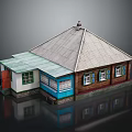 Traditional Residential House With Gray Roof Chimney White Brown Blue Walls Multiple Windows And Red Door
