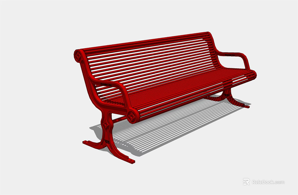 Red Outdoor Landscape Bench With Metal Slats Armrests And Support Legs 3d model 