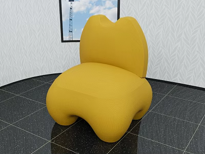 Yellow Single Sofa With Unique Design In Room With Black Tile Floor And Wall Art 3d model