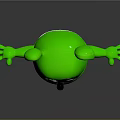 Green Cartoon Bear Creature with Big Blue Eyes Orange Shorts and Open Arms