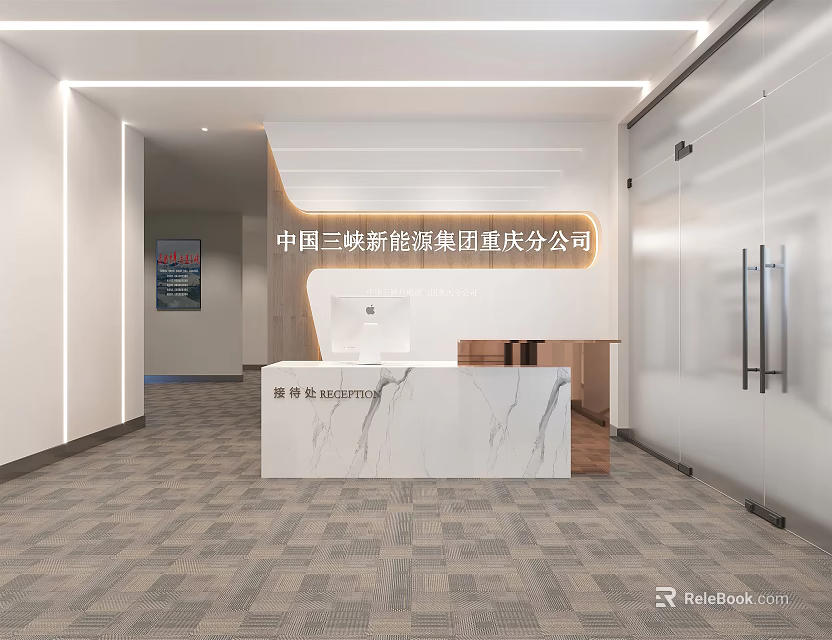 Modern Office Reception Area With Elegant Front Desk And White Marble Countertop Design 3d model 