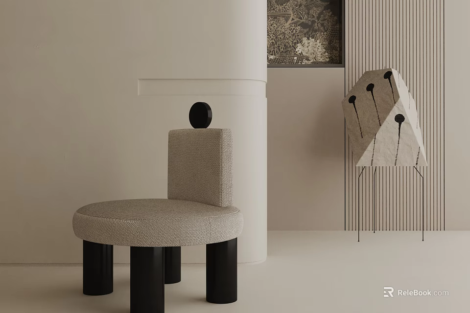 Beige Upholstered Accent Chair With Round Seat Cushion And Black Cylindrical Legs In Minimalist Interior 3d model 