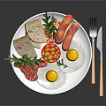 Delicious Breakfast Platter With Fried Eggs Sausages Bacon Bread and Fresh Herbs on White Plate