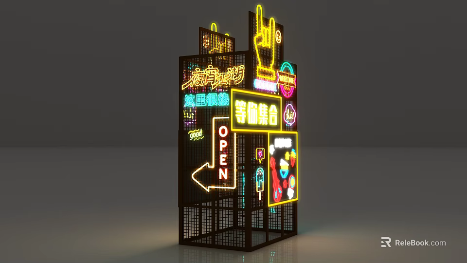 Vibrant Neon Art Installation With Chinese Signs Open Arrow And Grid Design 3d model 