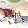 Colorful Kindergarten Indoor Playroom With Teepee Tent Play Mats Toys And Decorative Walls