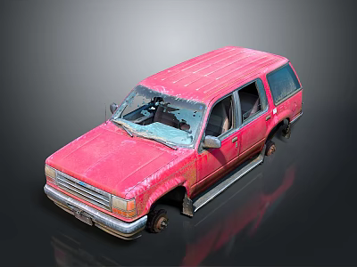 Old Red SUV With Dusty Exterior Broken Windshield And Rusty Body 3d model