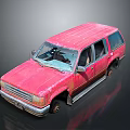 Old Red SUV With Dusty Exterior Broken Windshield And Rusty Body 3d model