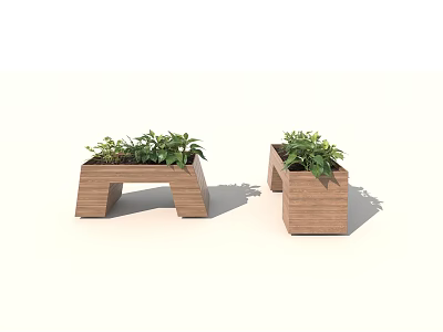 Stylish Wooden Planters With Green Plants For Outdoor Garden Decor 3d model