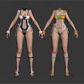 Fashionable Women's Bodysuits With Black Orange Accessories And Footwear On Mannequins