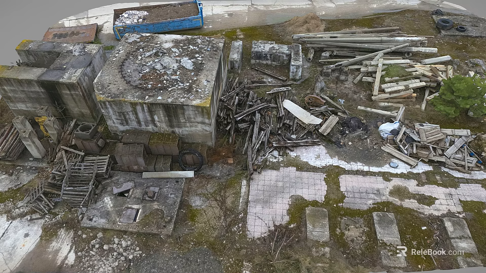 Aerial View Of Abandoned Ruins With Damaged Concrete Structures Wooden Debris And Metal Scraps 3d model 