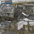 Aerial View Of Abandoned Ruins With Damaged Concrete Structures Wooden Debris And Metal Scraps