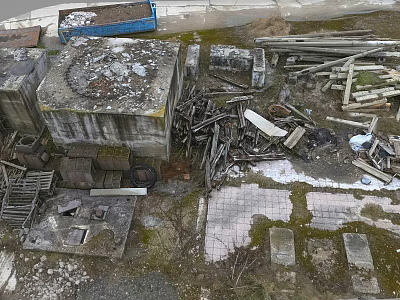 Aerial View Of Abandoned Ruins With Damaged Concrete Structures Wooden Debris And Metal Scraps 3d model