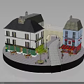 Traditional European Buildings With White Blue Facades Sloped Roofs Outdoor Seating And Street Scene