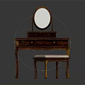 Vintage Wooden Dressing Table With Green Marble Top Round Mirror Drawers And Patterned Stool