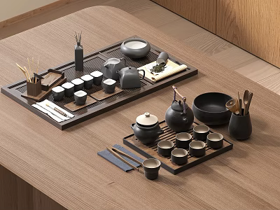 Minimalist Ceramic Tea Set with Teapot Cups Bowls and Spoons on Wooden Tray 3d model