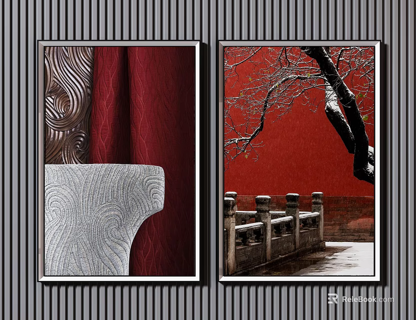 Modern Elegant Decorative Paintings With Red Background Tree Railing And Texture 3d model