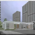 Modern Residential Entrance Gate Design With High-rise Buildings Pedestrians And Greenery