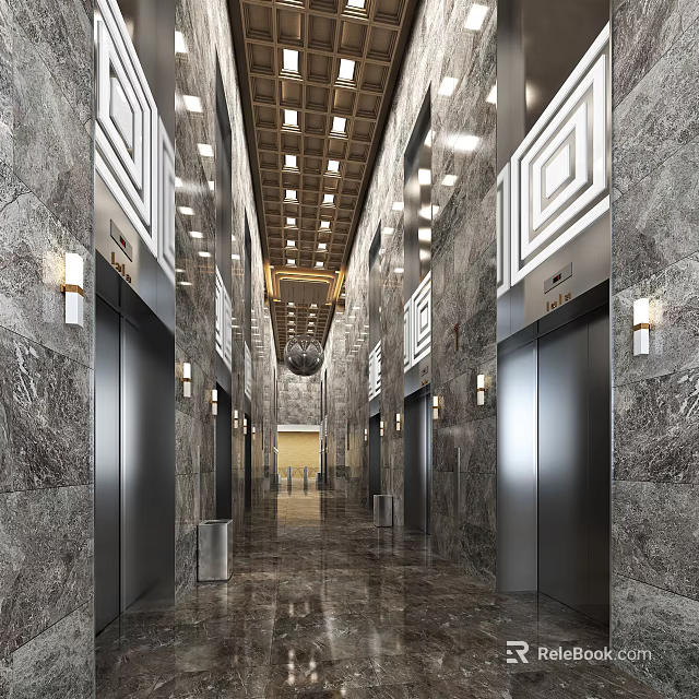 Spacious Elevator Lobby With Marble Walls Symmetric Doors And Decorative Ceiling Lighting 3d model