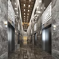 Spacious Elevator Lobby With Marble Walls Symmetric Doors And Decorative Ceiling Lighting 3d model