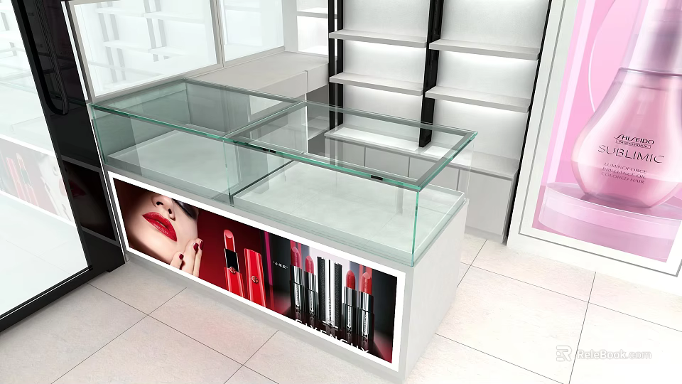Beauty Product Store With Glass Display Cases Lipsticks And White Shelves 3d model 