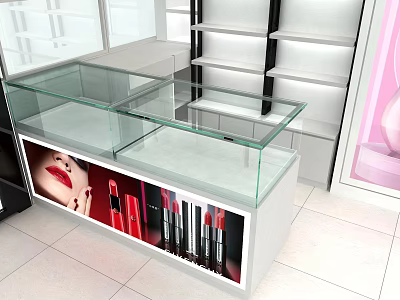 Beauty Product Store With Glass Display Cases Lipsticks And White Shelves 3d model