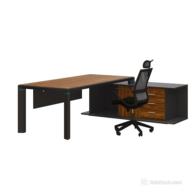 Modern Office Desk With Wooden Top Black Frame Drawer Cabinet And Mesh Chair 3d model 