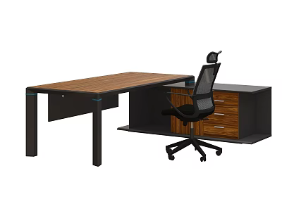 Modern Office Desk With Wooden Top Black Frame Drawer Cabinet And Mesh Chair 3d model