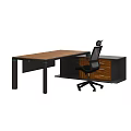 Modern Office Desk With Wooden Top Black Frame Drawer Cabinet And Mesh Chair