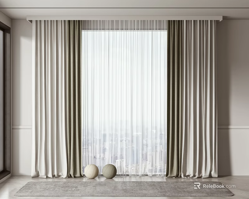 Elegant Neutral Curtains With Sheer Panels City View Through Window And Decorative Balls On Rug 3d model 