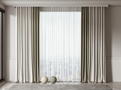 Elegant Neutral Curtains With Sheer Panels City View Through Window And Decorative Balls On Rug 3d model