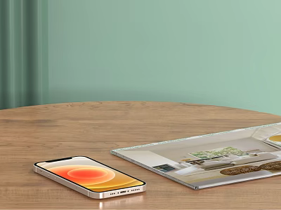 Smartphone And Transparent Tablet On Wooden Round Table With Orange Circular And Room Images 3d model