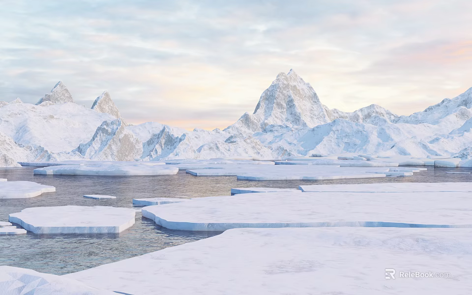 Serene Winter Garden Landscape With Snow Covered Mountains Icebergs And Frozen Lake 3d model 