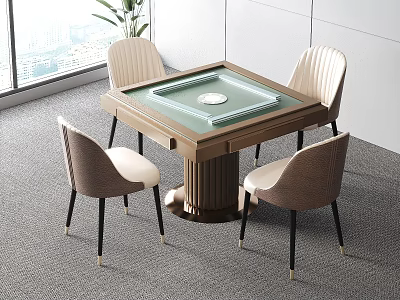 Modern Square Glass Top Entertainment Table With Circular Center And Four Beige Chairs 3d model