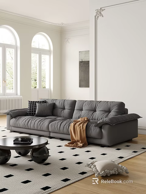 Cozy Gray Sectional Sofa Interior With Patterned Pillow Brown Throw And Black White Checkered Rug 3d model 