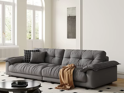 Cozy Gray Sectional Sofa Interior With Patterned Pillow Brown Throw And Black White Checkered Rug 3d model