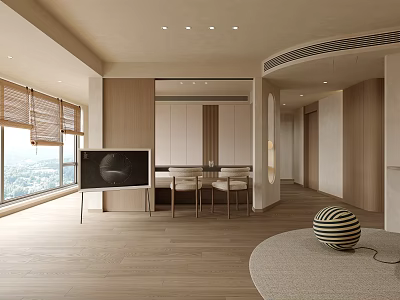 Modern Open Living Dining Space With Wooden Accents Floor to Ceiling Windows And Round Rug 3d model