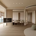 Modern Open Living Dining Space With Wooden Accents Floor to Ceiling Windows And Round Rug