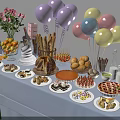 Assorted Party Food Spread With Desserts Fruits Bread Drinks And Colorful Balloons