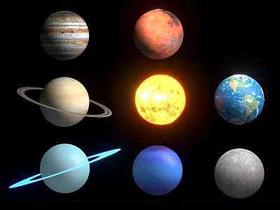 Miniature Solar System Planets Decorative Ornament Set With Sun Earth Saturn and Moon 3d model