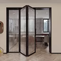 Transparent Glass Folding Door With Black Frame In Modern Indoor Space With Herringbone Wooden Floor