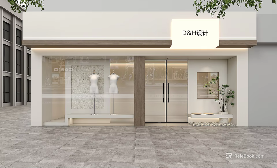 Modern Storefront Design with Glass Doors Mannequins Display Area Gray Stone Floor and Plants 3d model 