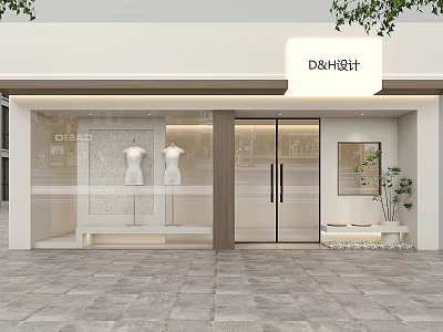Modern Storefront Design with Glass Doors Mannequins Display Area Gray Stone Floor and Plants 3d model