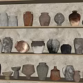 Ceramic Vessels Displayed On Shelves With Various Shapes And Rustic Textures