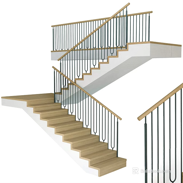 Modern Staircase Design With Wooden Steps Black Metal Railings And White Structure 3d model 