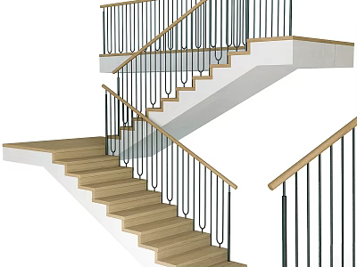 Modern Staircase Design With Wooden Steps Black Metal Railings And White Structure 3d model