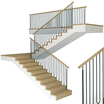 Modern Staircase Design With Wooden Steps Black Metal Railings And White Structure 3d model