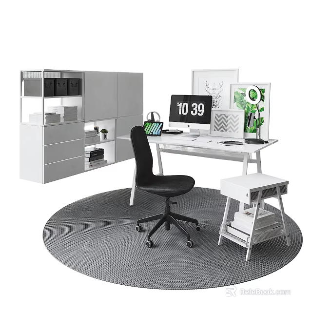 White Office Desk Setup With Black Chair Computer Monitor Green Plant And White Storage Cabinet 3d model 