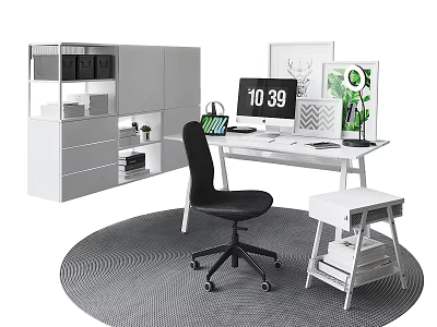 White Office Desk Setup With Black Chair Computer Monitor Green Plant And White Storage Cabinet 3d model